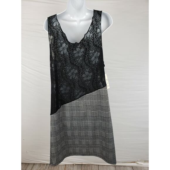 Noblu Black Plaid Dress Cotton Spandex Sleeveles Size L Floral Lace - Picture 2 of 6